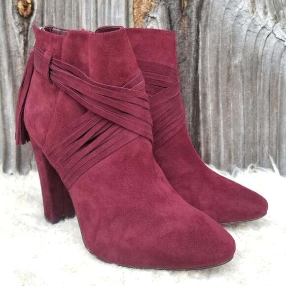 Red Boots WHBM Blayde Size 7 Strappy Ankle Bootie Heel Tassel Zip Suede Leather - Picture 2 of 13